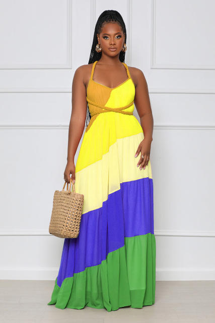 Summer color matching chiffon backless sexy maxi dress beach dress