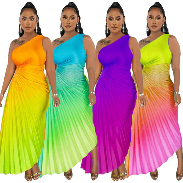 Hot sale Gradient color one shoulder women dress