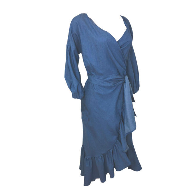 Hot sale denim long sleve ruffle wrap dress