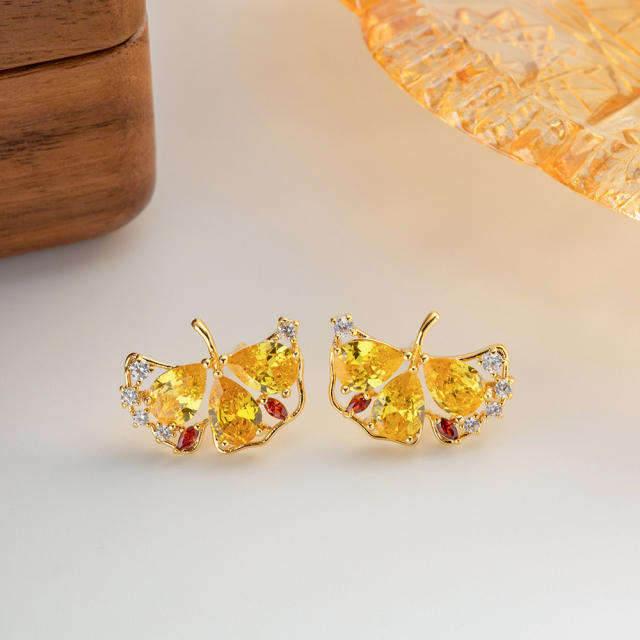 Delicate topaz cubic zircon setting ginkgo leaf gold plated copper studs earrings