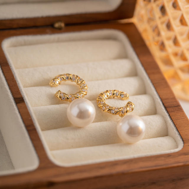 18K vintage c shape pearl drop copper earrings