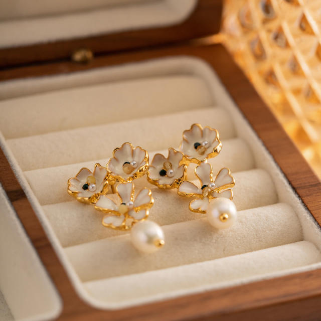 Vintage color enamel flower pearl drop copper earrings