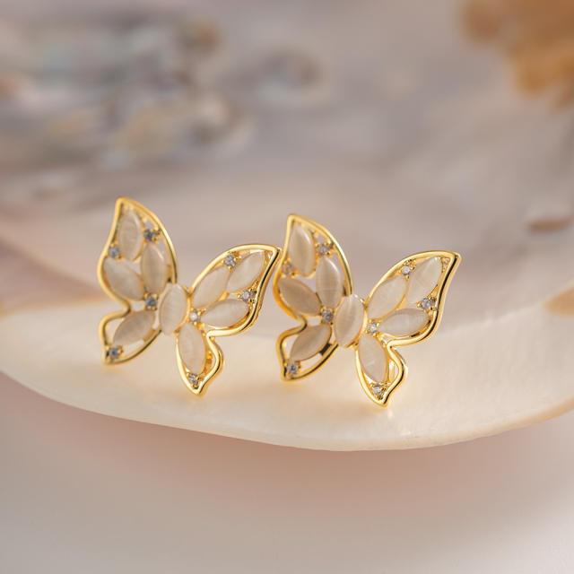 18K gold plated opal stone butterfly elegant studs earrings