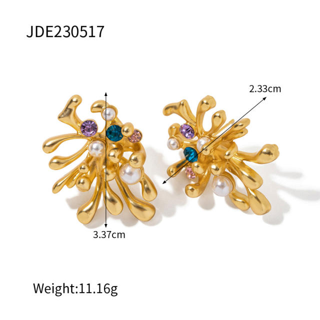 18KG vintage pearl geometric copper studs earrings