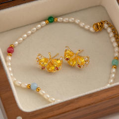 Delicate topaz cubic zircon setting ginkgo leaf gold plated copper studs earrings