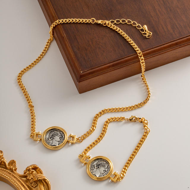Vintage roman coin series gold plated necklace bracelet set