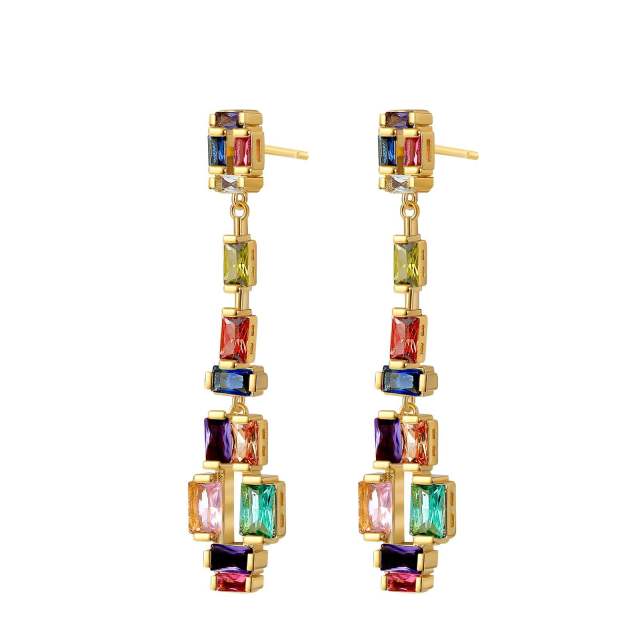 Delicate rainbow cz statement gold plated copper dangle earrings