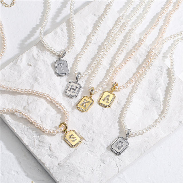 Concise diamond initial letter card pendant pearl necklace