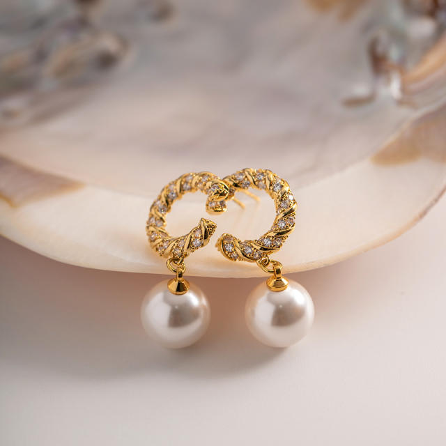 18K vintage c shape pearl drop copper earrings