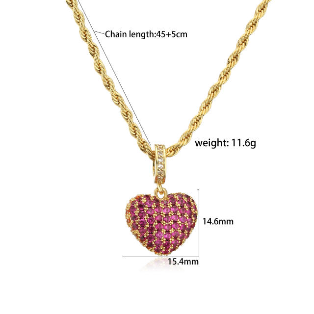 Delicate rose red cubic zircon diamond heart pendant copper necklace huggie earrings set