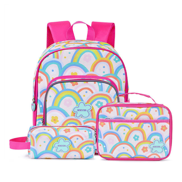 Hot sale sweet rainbow pattern girls school bag pencil bag lunch bag set