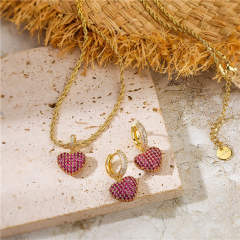Delicate rose red cubic zircon diamond heart pendant copper necklace huggie earrings set