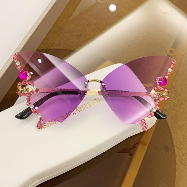 Personality colorful diamond butterfly rimless sunglasses