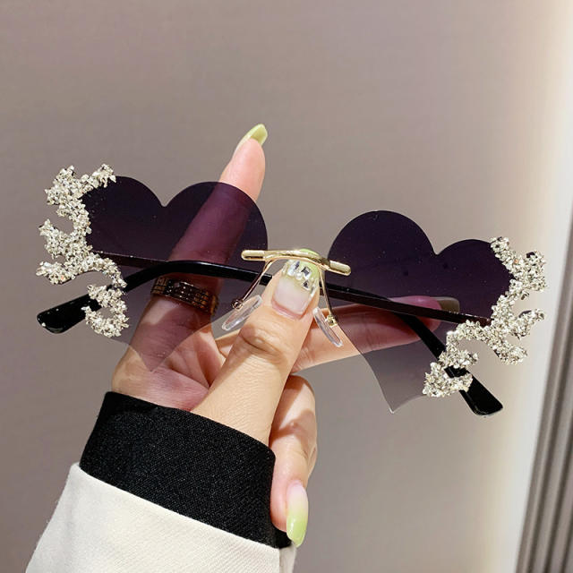 Personality funny colorful rhinestone heart shape rimless sunglasses