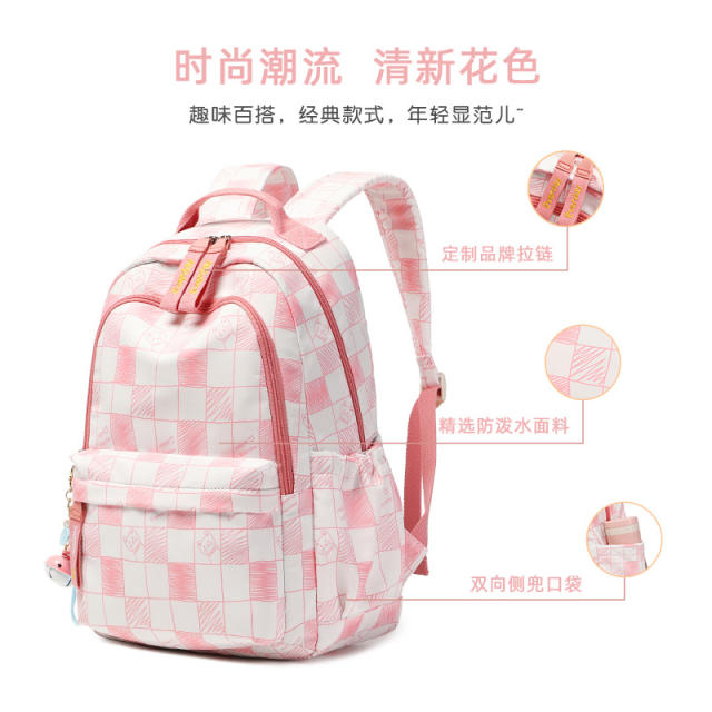 INS trend pink color plaid middle school bag backpack