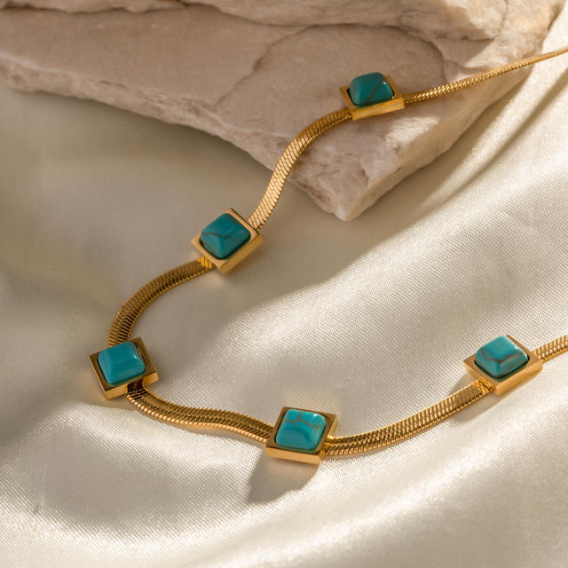 18K turquoise stainless steel herringbone chain choker necklace