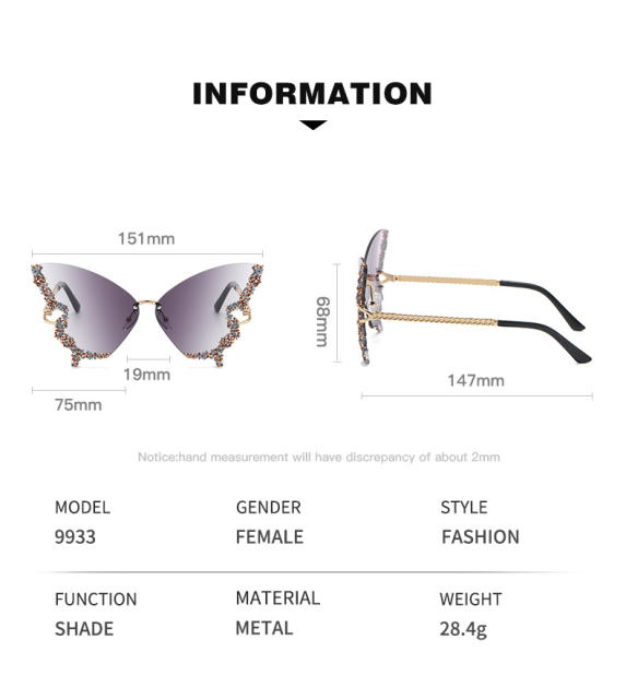 Personality diamond butterfly shape rimless sunglasses