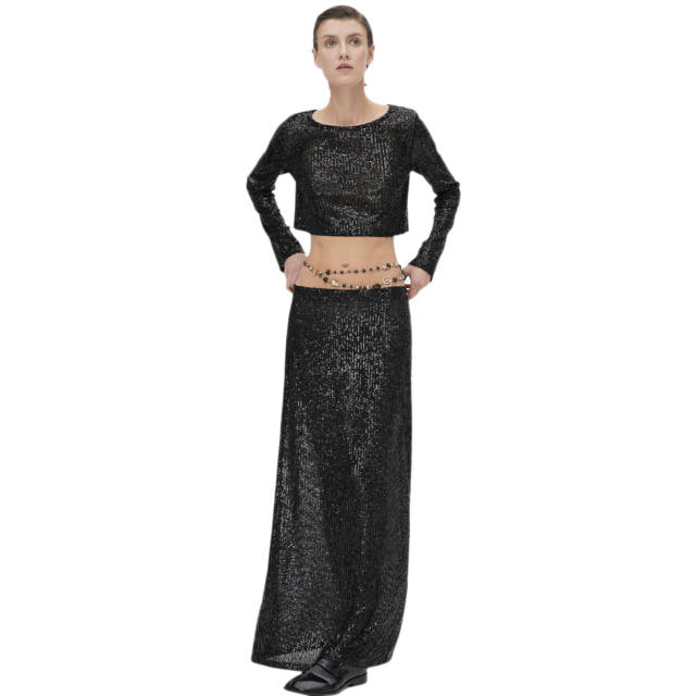 Hot sale sexy gliter cropped maxi skirt set for women