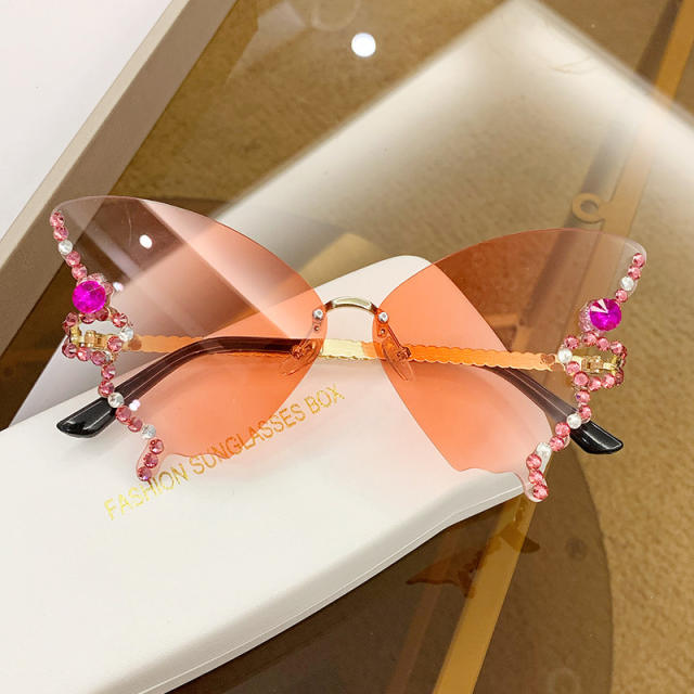 Personality colorful diamond butterfly rimless sunglasses