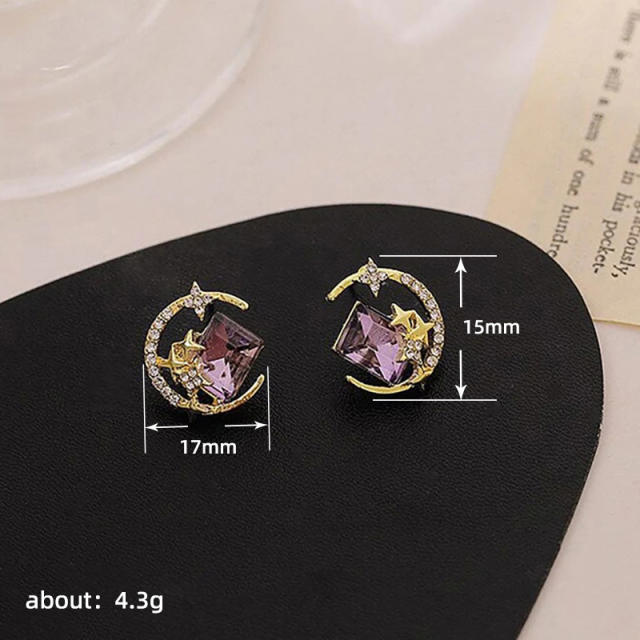 Elegant amethyst cubic zircon moon star studs earrings