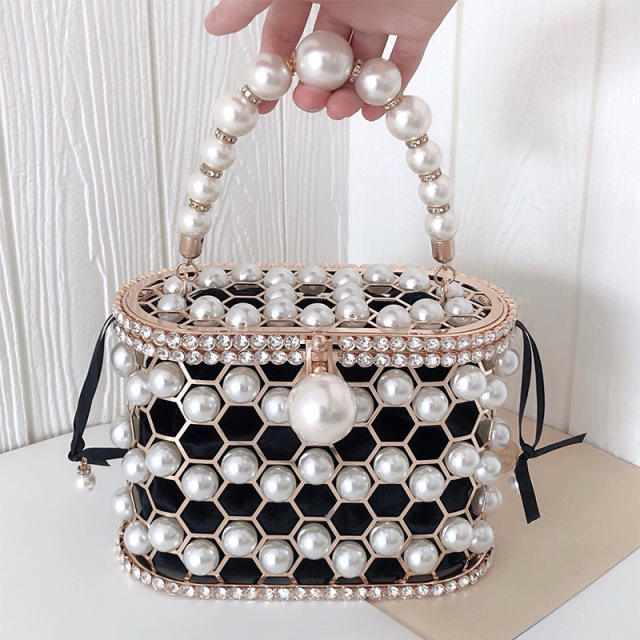 Summer luxury pearl bead hollow out box bag evening bag