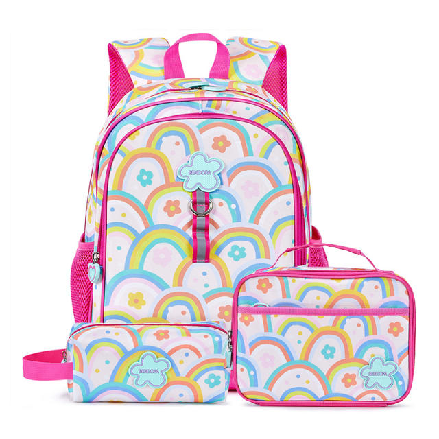 Hot sale sweet rainbow pattern girls school bag pencil bag lunch bag set