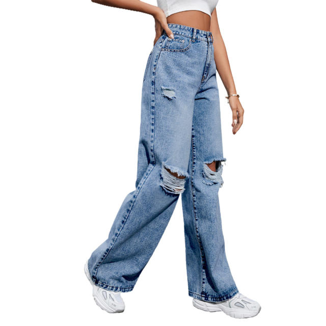 Fashionable ripped denim bootcut pants for women