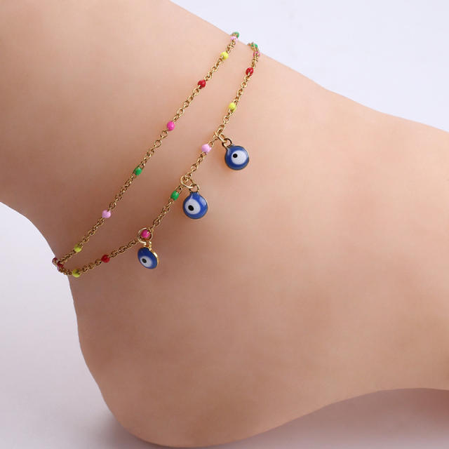 Colorful bead evil eye charm stainless steel anklet