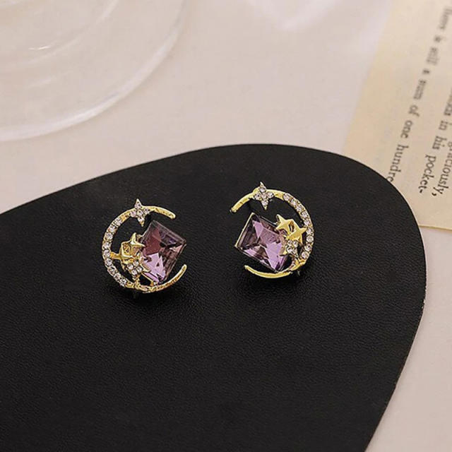 Elegant amethyst cubic zircon moon star studs earrings