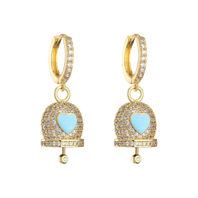 Sweet diamond bell enamel heart gold plated copper huggie earrings