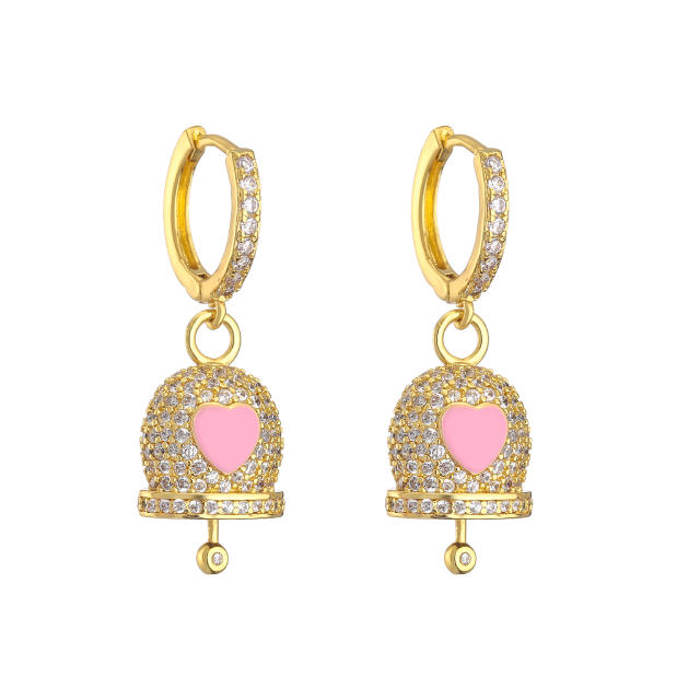 Sweet diamond bell enamel heart gold plated copper huggie earrings