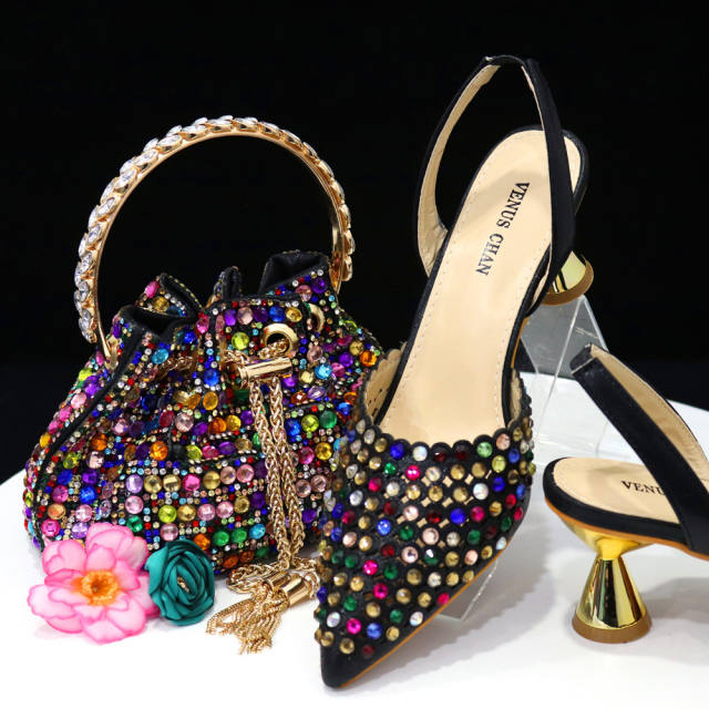 Luxury colorful rhinestone pave setting busket bat heels set