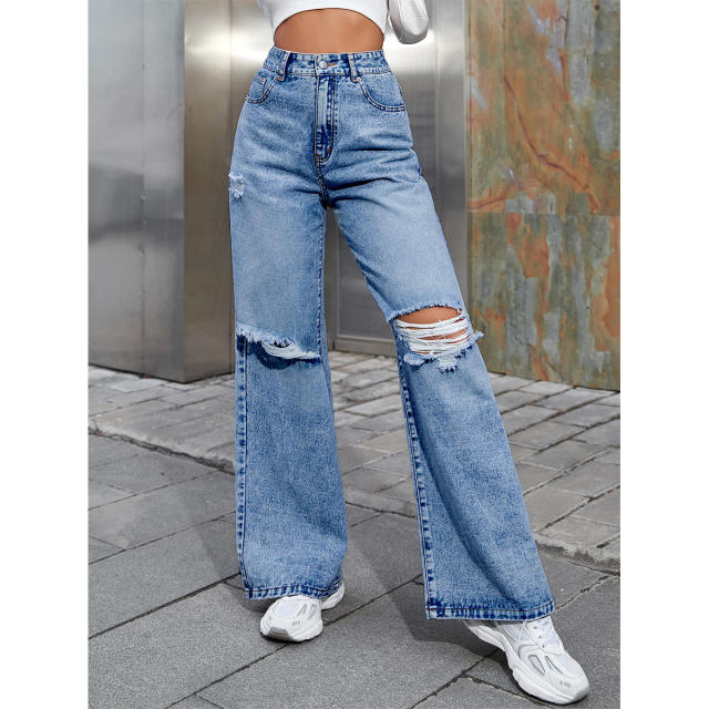 Fashionable ripped denim bootcut pants for women