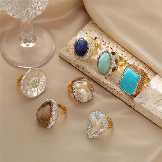 Vintage baroque pearl turquoise statement copper rings