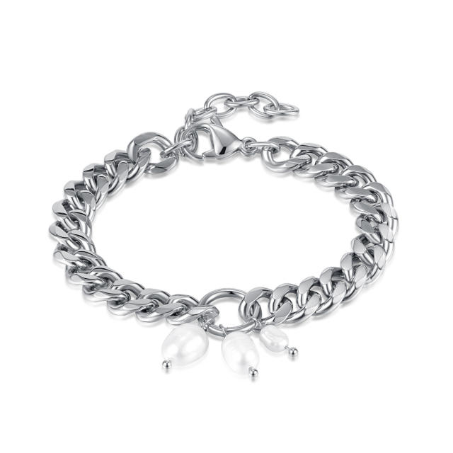 Chunky stainless steel cuban link chain pearl bracelet