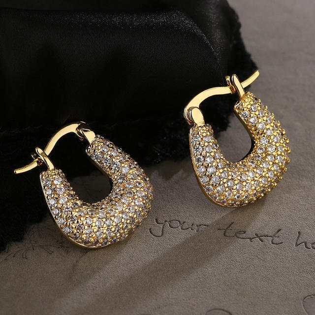 Luxury chunky pave setting cubic zircon gold plated copper huggie earrings