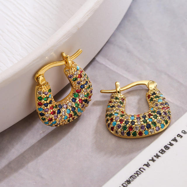 Luxury chunky pave setting cubic zircon gold plated copper huggie earrings