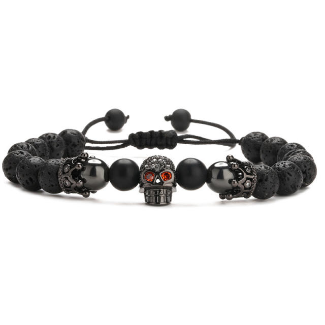 Black color Volcanic rock beads skull head bracelet for men