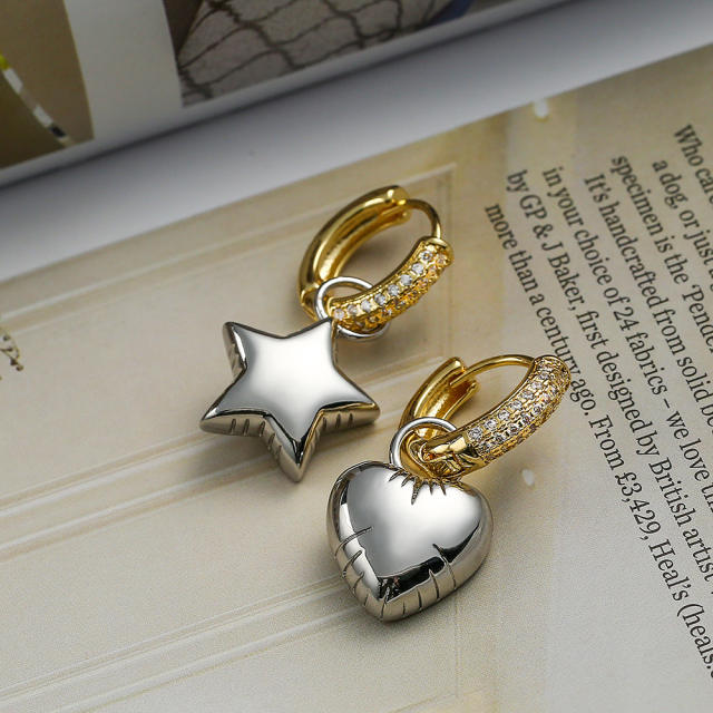 Delicate two tone real gold plated copper heart star huggie earrings