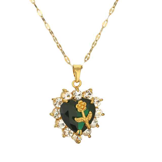 Dainty color cubic zircon rose flower heart pendant copper necklace