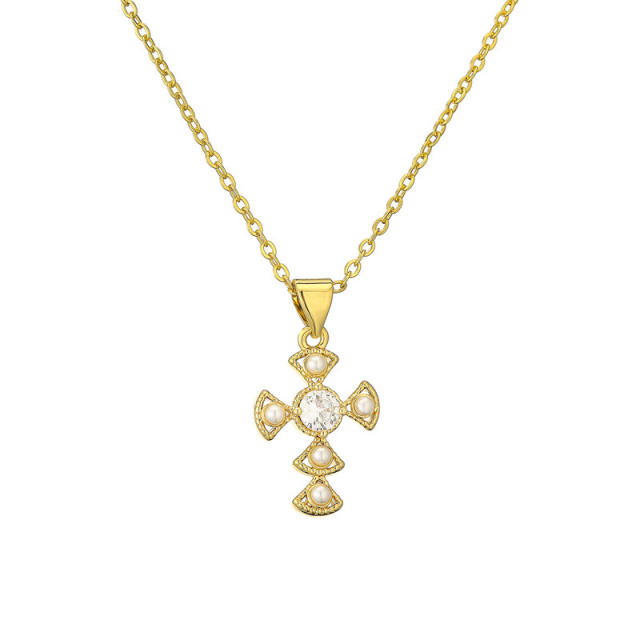 Elegant pearl bead cross evil eye pendant gold plated copper necklace
