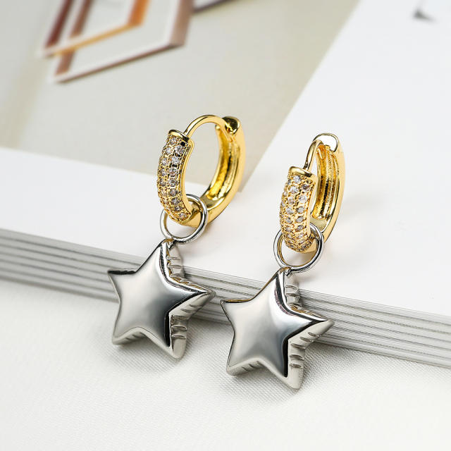 Delicate two tone real gold plated copper heart star huggie earrings