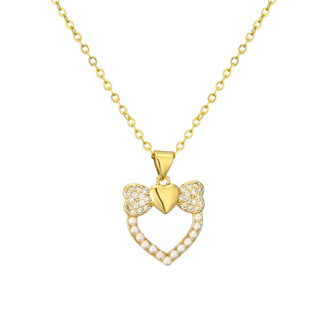 Dainty pearl bead heart lock dragonfly pendant gold plated copper necklace