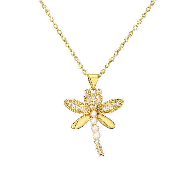 Dainty pearl bead heart lock dragonfly pendant gold plated copper necklace