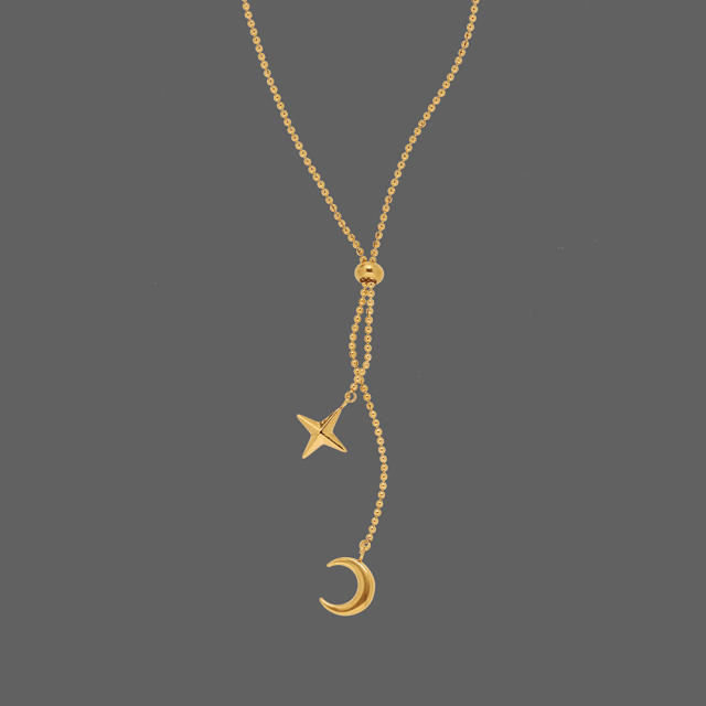 Dainty star moon charm stainless steel lariats necklace