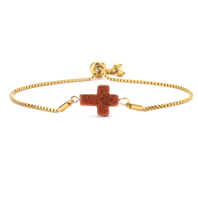Natural crystal stone cross square stainless steel chain slide bracelet