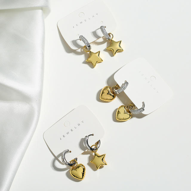 Luxury two tone heart star gold plated copper huggie earrings