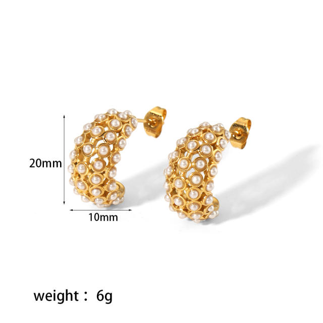 18K pave setting pearl cubic zircon stainless steel studs earrings