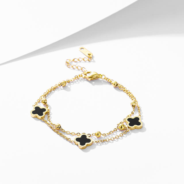 Korean fashion black clover stainless steel two layer anklet