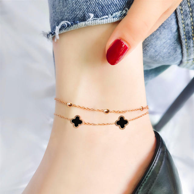 Korean fashion black clover stainless steel two layer anklet